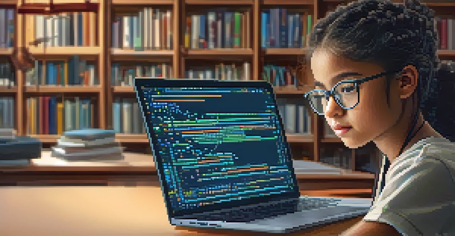 A young girl coding on a laptop in a cozy study area filled with books and STEM materials.