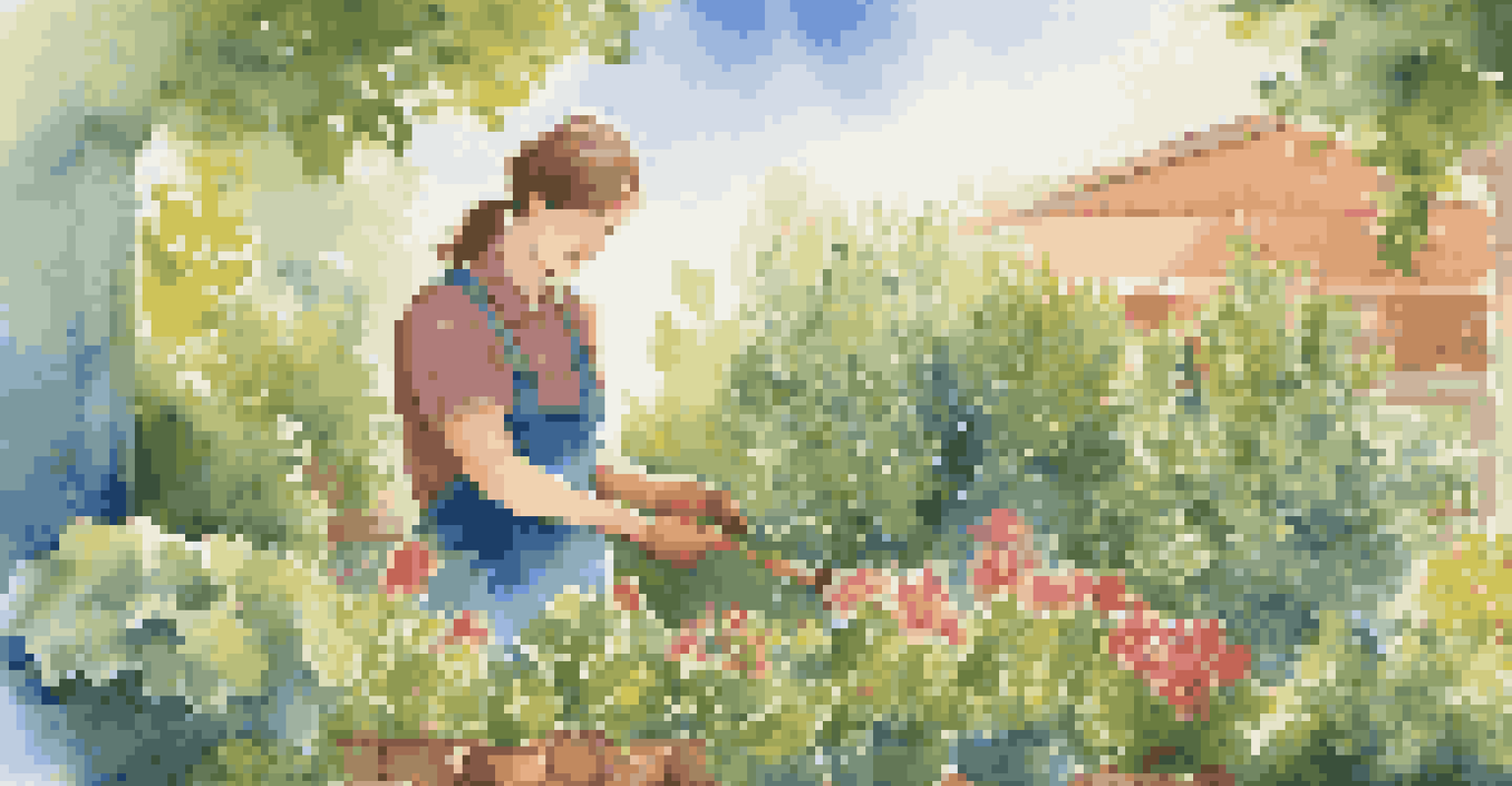 A gardener tending to colorful plants in a bright garden under a clear sky, symbolizing nurturing and support.