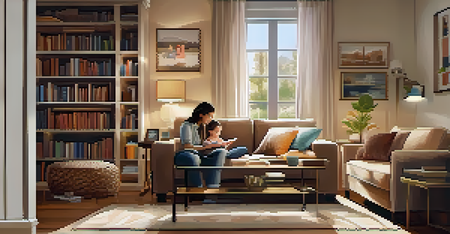 A parent reading to a toddler in a cozy living room with warm lighting and books around.