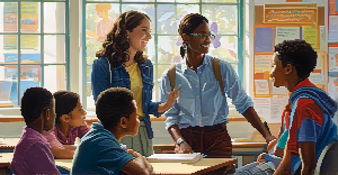 A classroom filled with diverse students and a teacher using hand gestures to engage them in discussion.