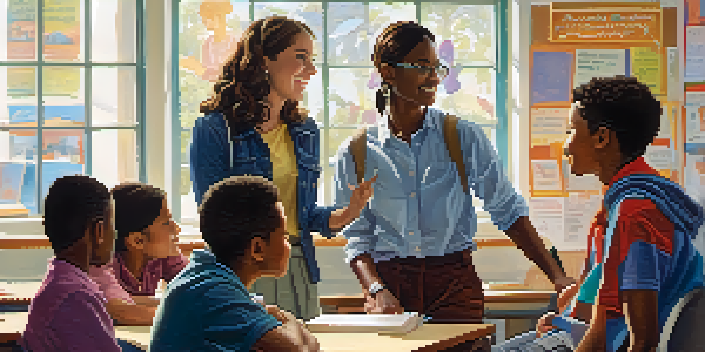A classroom filled with diverse students and a teacher using hand gestures to engage them in discussion.
