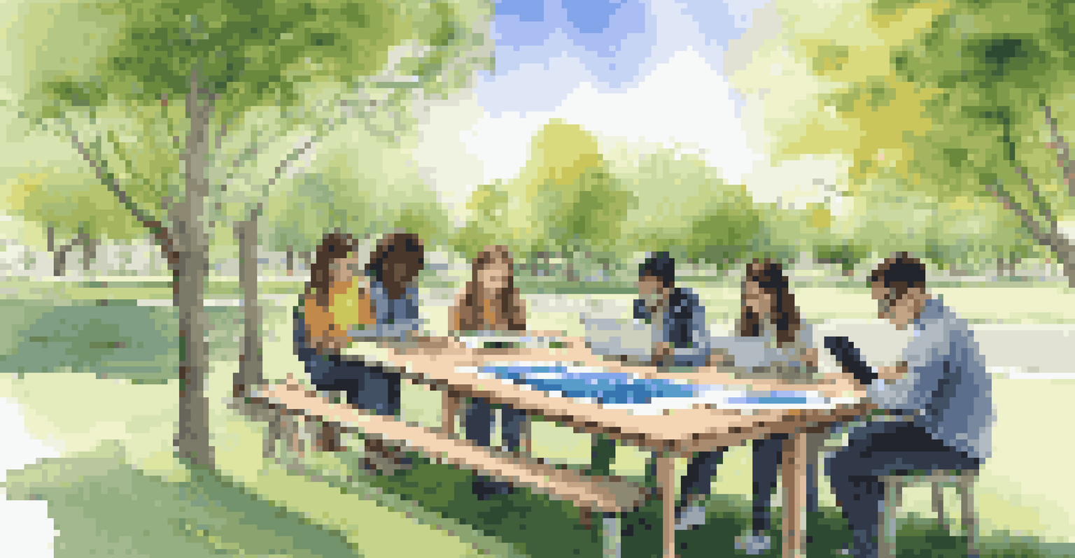 Students collaborating outdoors, using tablets with AR applications to visualize data in a lush green park setting.