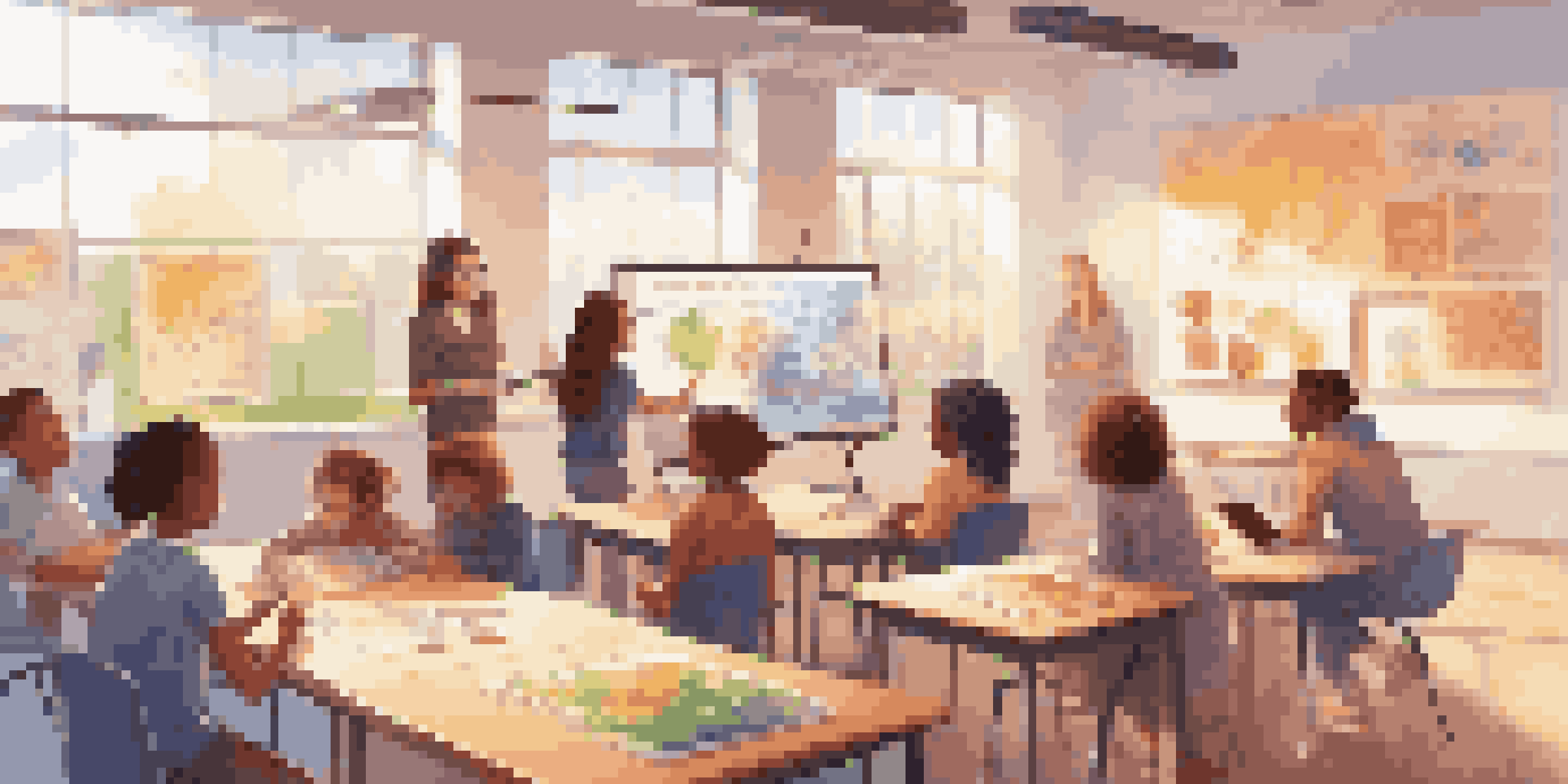 A vibrant classroom with diverse students and a teacher using a digital whiteboard, with sunlight streaming through the windows.