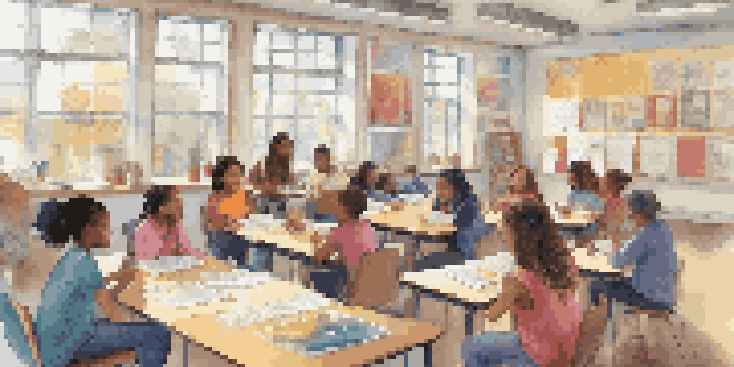 A lively classroom scene with diverse students participating in a storytelling activity, surrounded by colorful decorations and natural light.