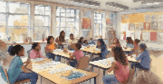 A lively classroom scene with diverse students participating in a storytelling activity, surrounded by colorful decorations and natural light.