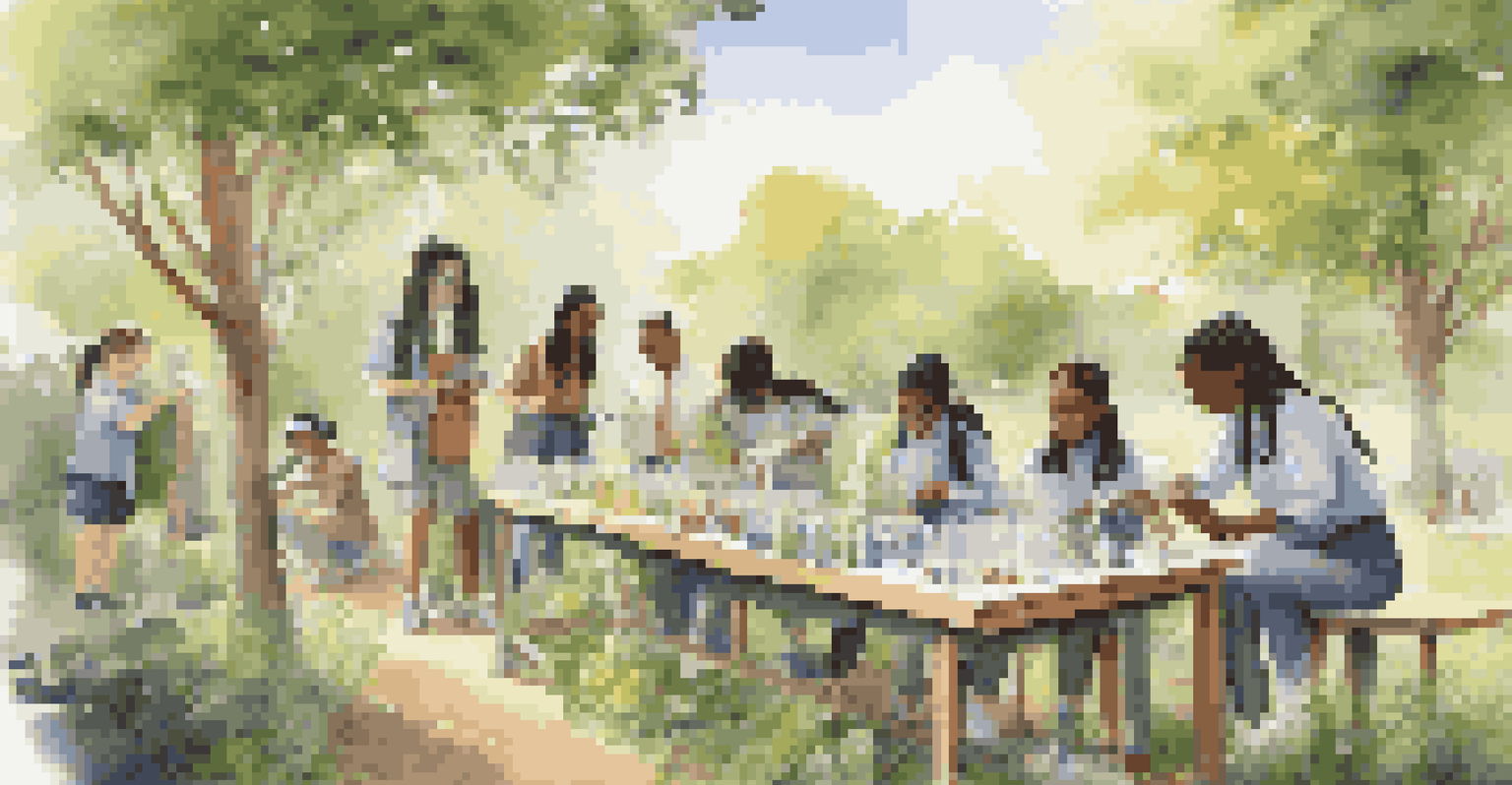 A group of students in nature conducting a science experiment, surrounded by greenery, illustrating outdoor interdisciplinary learning.