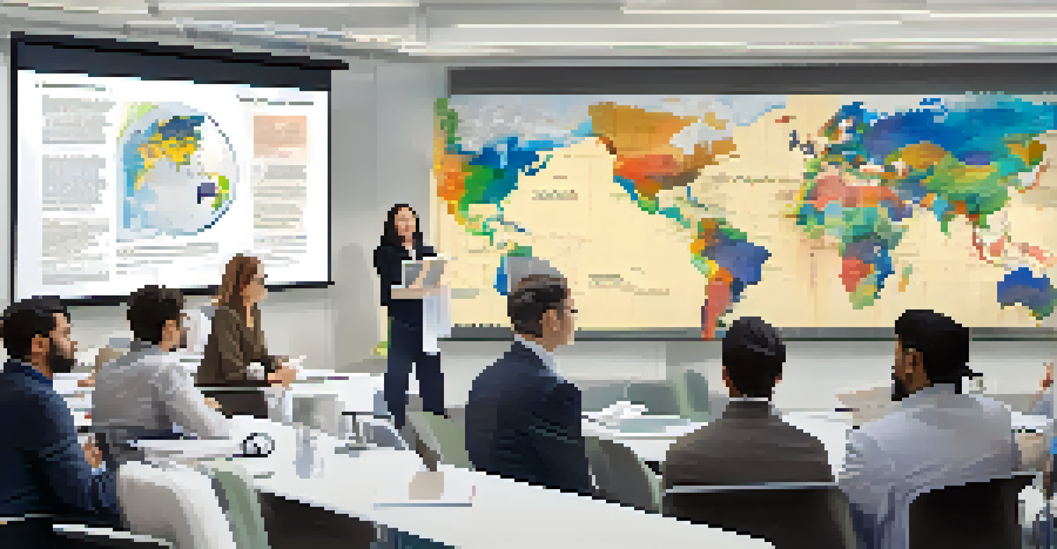A group of researchers in a conference room discussing cultural sensitivity in education, with a screen showing graphs and a world map.