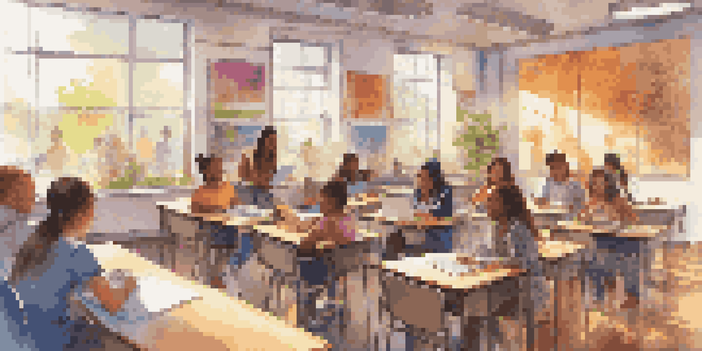 A lively classroom with diverse students working on digital storytelling projects using laptops, surrounded by colorful educational posters.