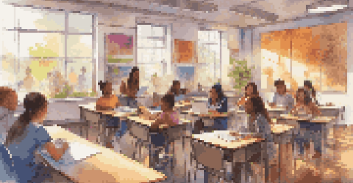 A lively classroom with diverse students working on digital storytelling projects using laptops, surrounded by colorful educational posters.