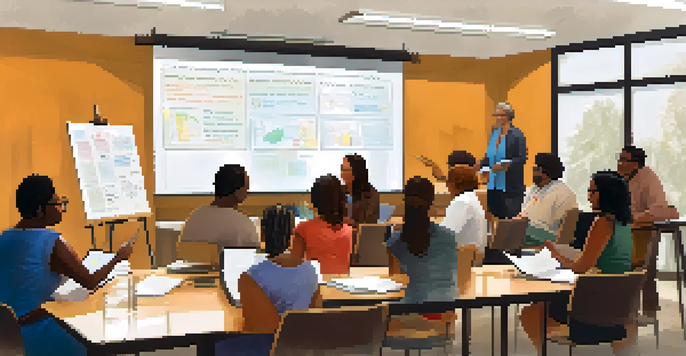 A diverse group of people actively participating in a financial literacy workshop, with charts and notes visible in a bright room.