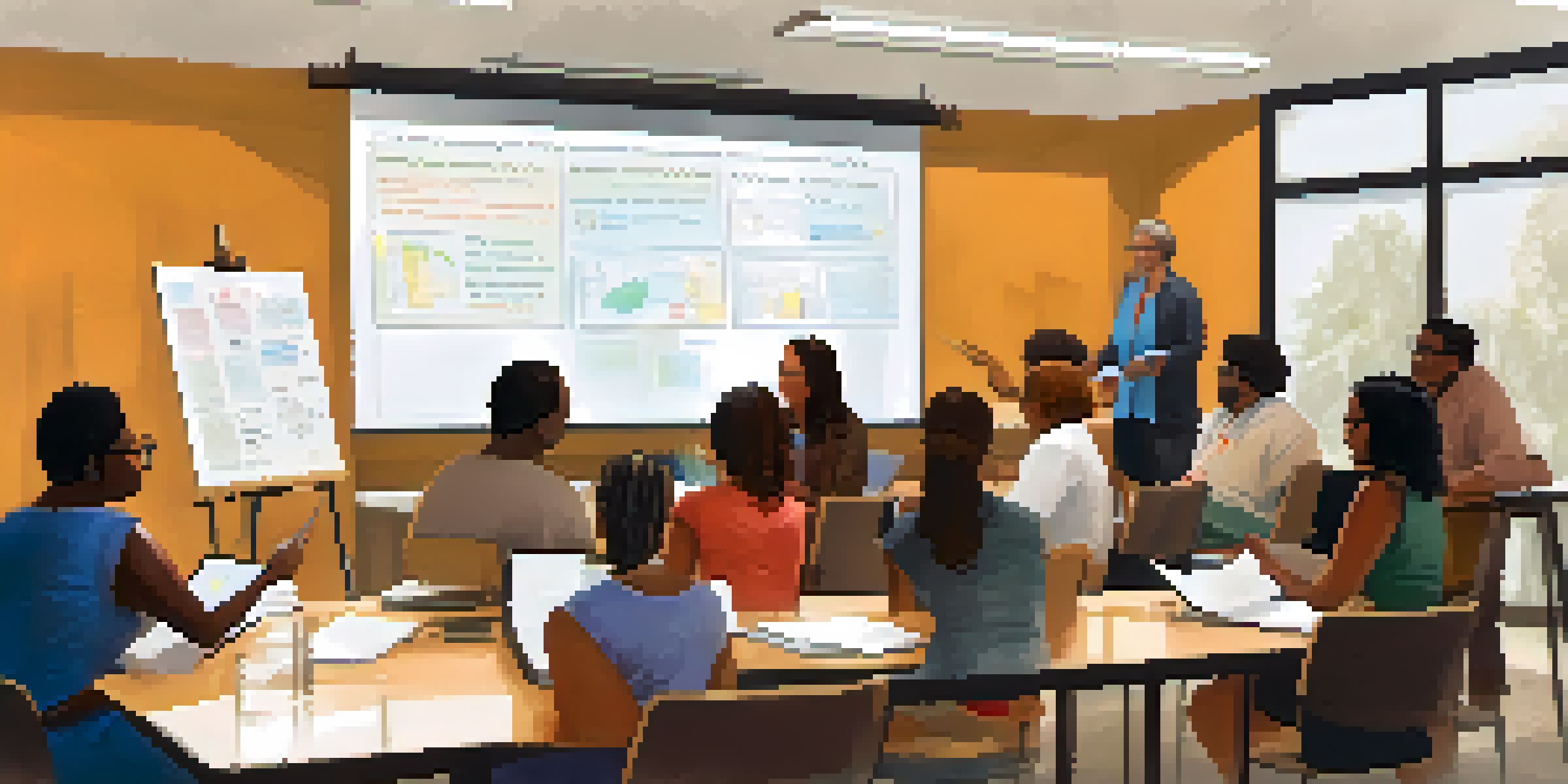 A diverse group of people actively participating in a financial literacy workshop, with charts and notes visible in a bright room.