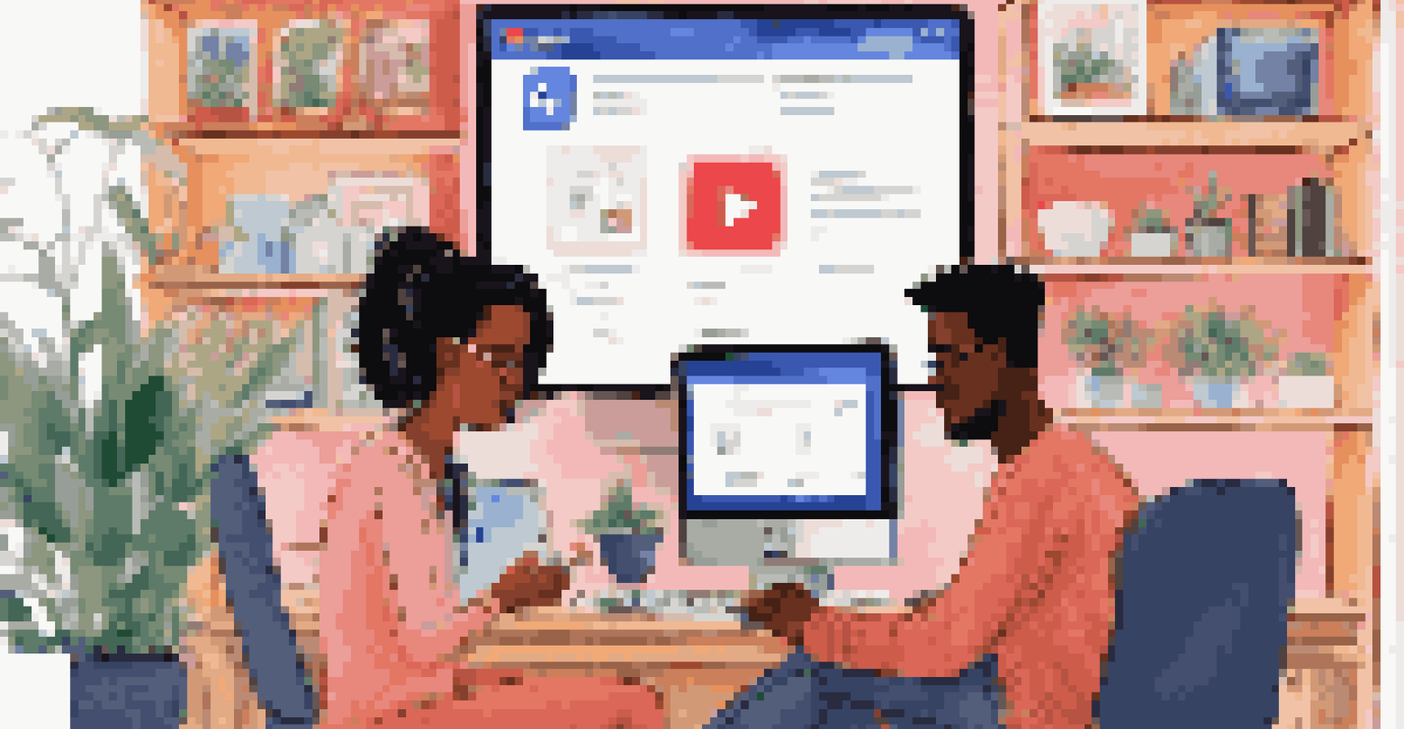Two individuals participating in a video call on a computer, with colorful graphics of social media platforms in the background.