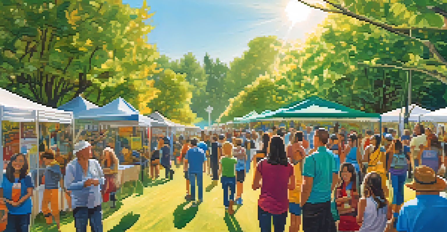 A community event with people discussing global issues, featuring colorful booths and banners under a sunny sky.