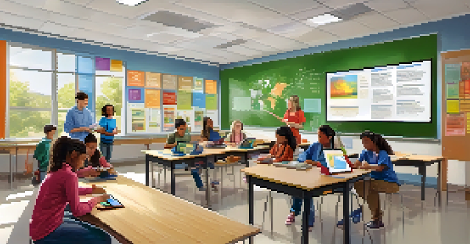A modern classroom where diverse students are using tablets and smartphones for collaborative learning, with a teacher guiding them.