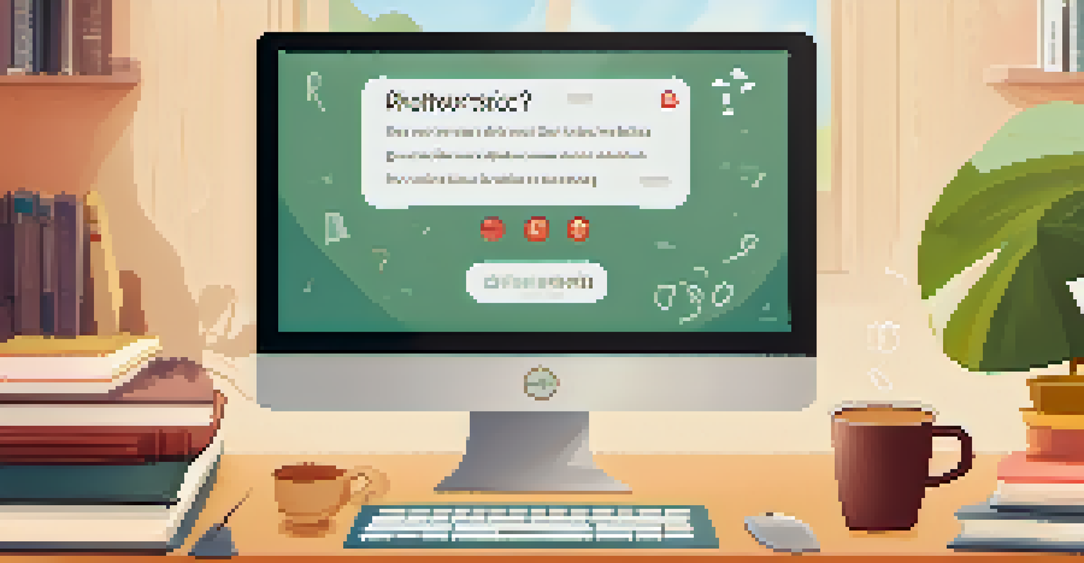A laptop screen showing a playful quiz related to math, set in a cozy study environment with books and a cup of coffee.