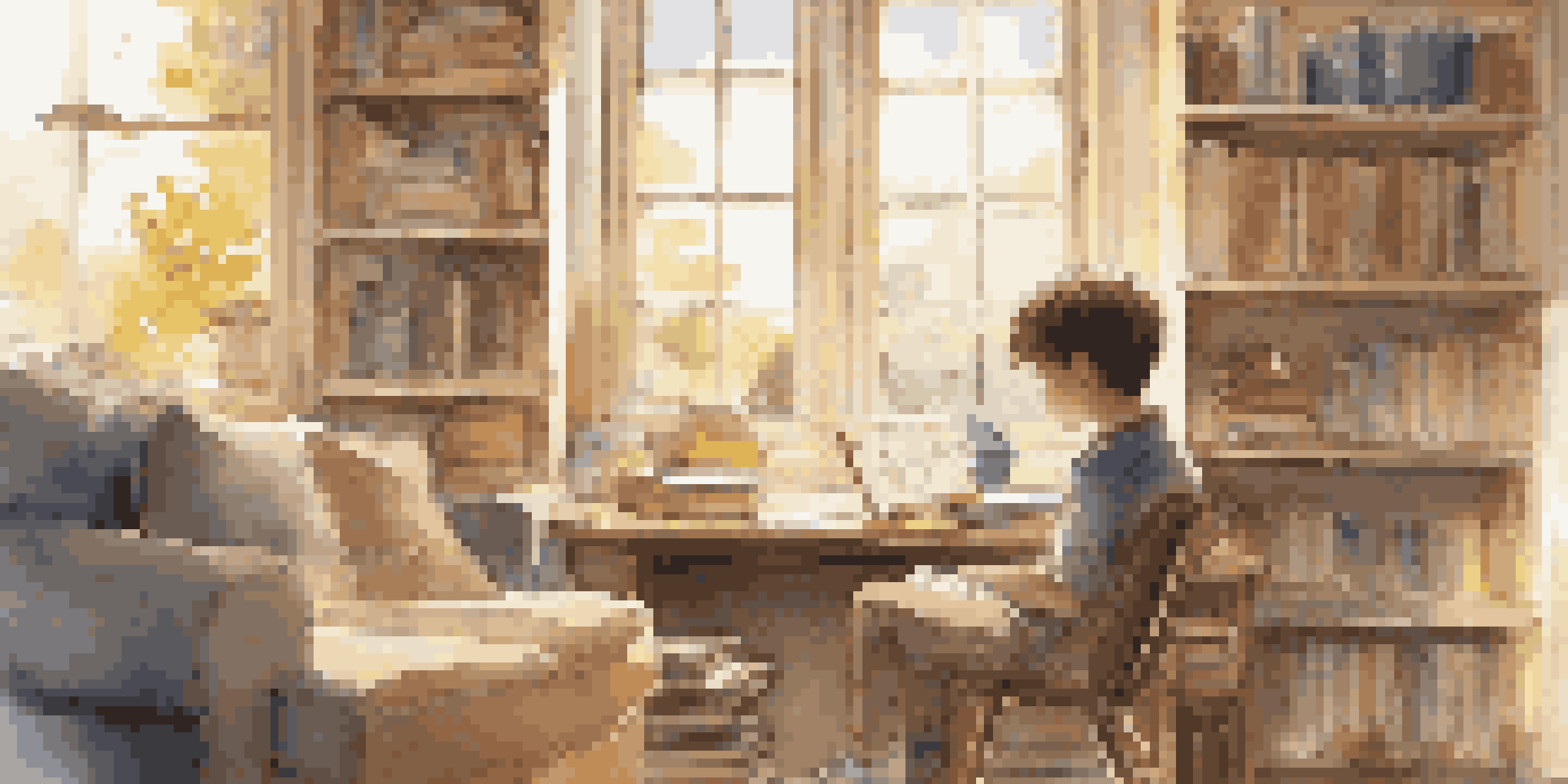 A young student in a sunlit room using a tablet, surrounded by books and educational posters.