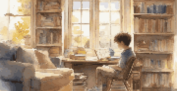 A young student in a sunlit room using a tablet, surrounded by books and educational posters.