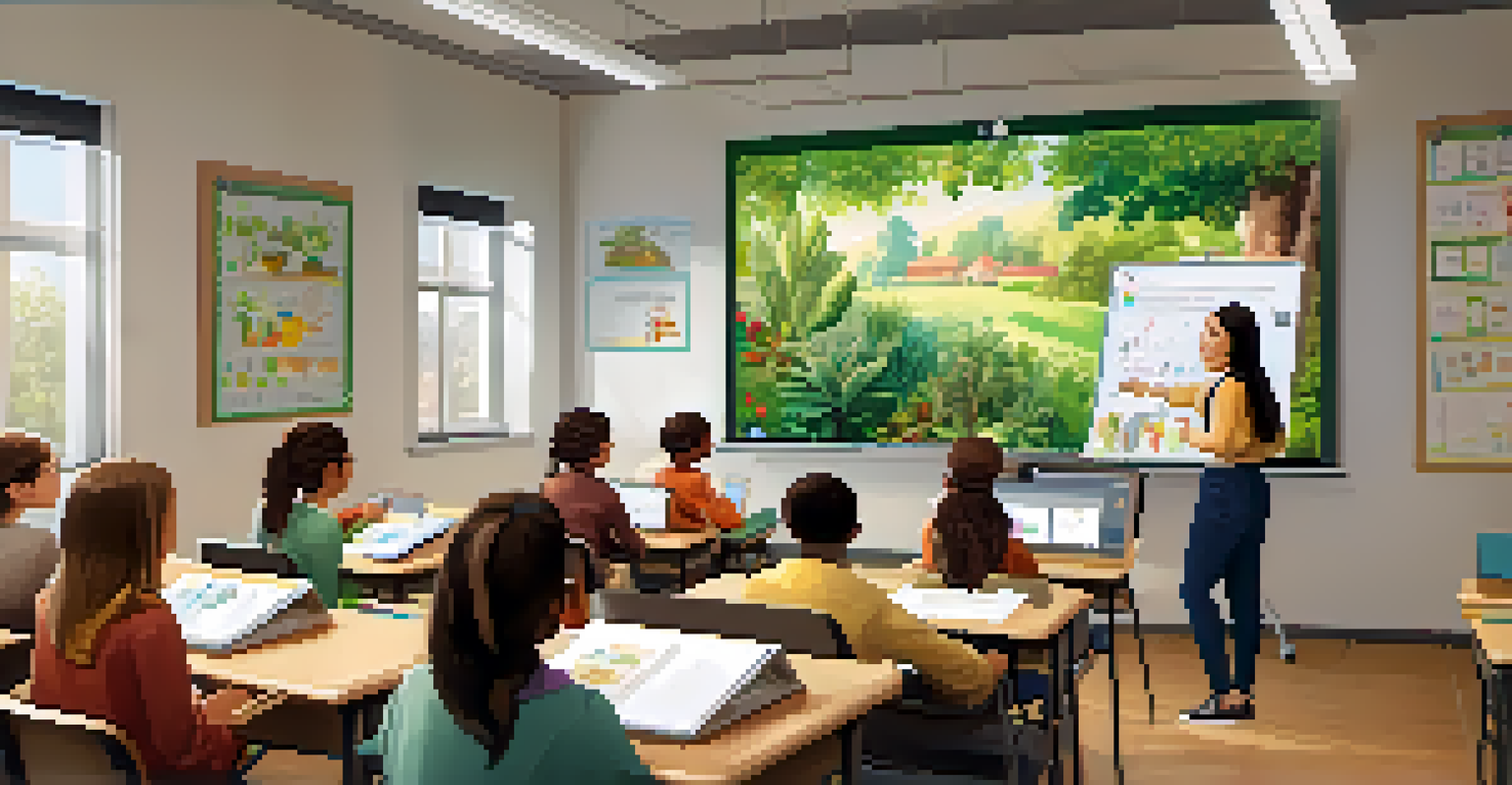 A teacher guiding students in a tech-enhanced classroom, using an interactive whiteboard and collaborative learning tools.