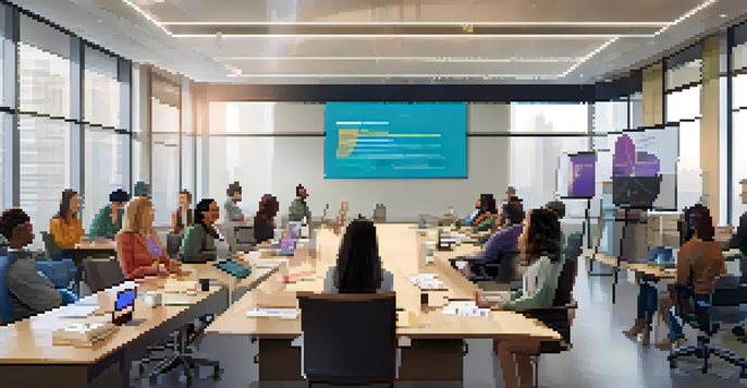 A diverse group of professionals participating in a hybrid learning session, combining in-person and online elements in a bright, modern conference room.
