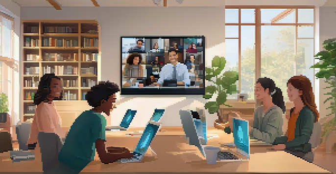 A virtual classroom with diverse students on a video call, smiling and engaged, with a cozy study area in the background.
