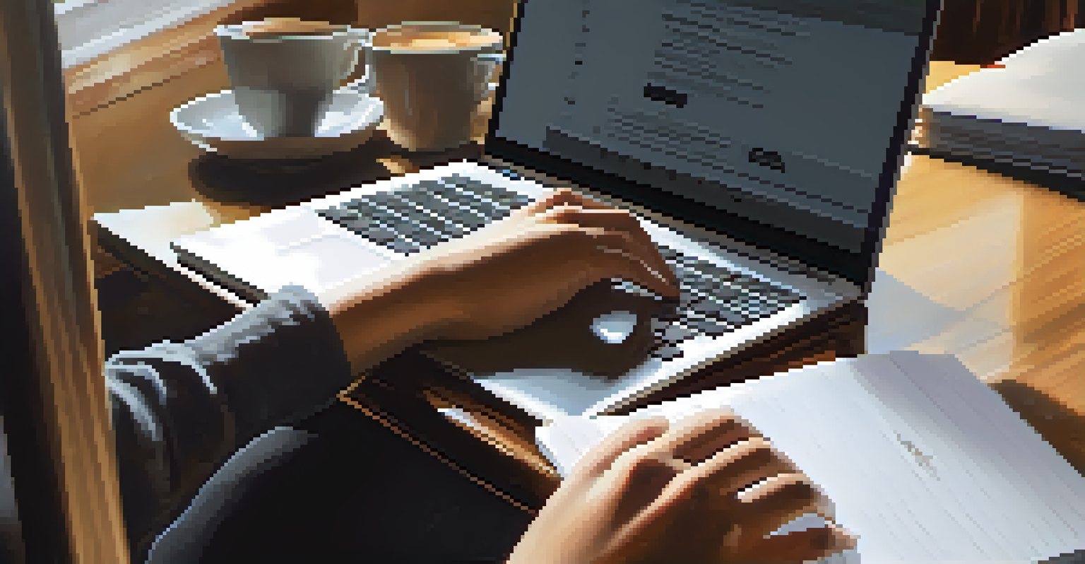 A close-up view of a student typing on a laptop, with a notebook and coffee, capturing the essence of focus and dedication in study.