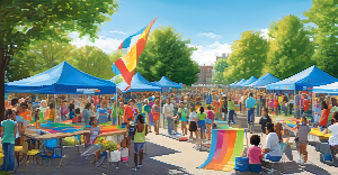 A lively community event with diverse participants engaging in activities, surrounded by colorful banners and tables in a sunny park.