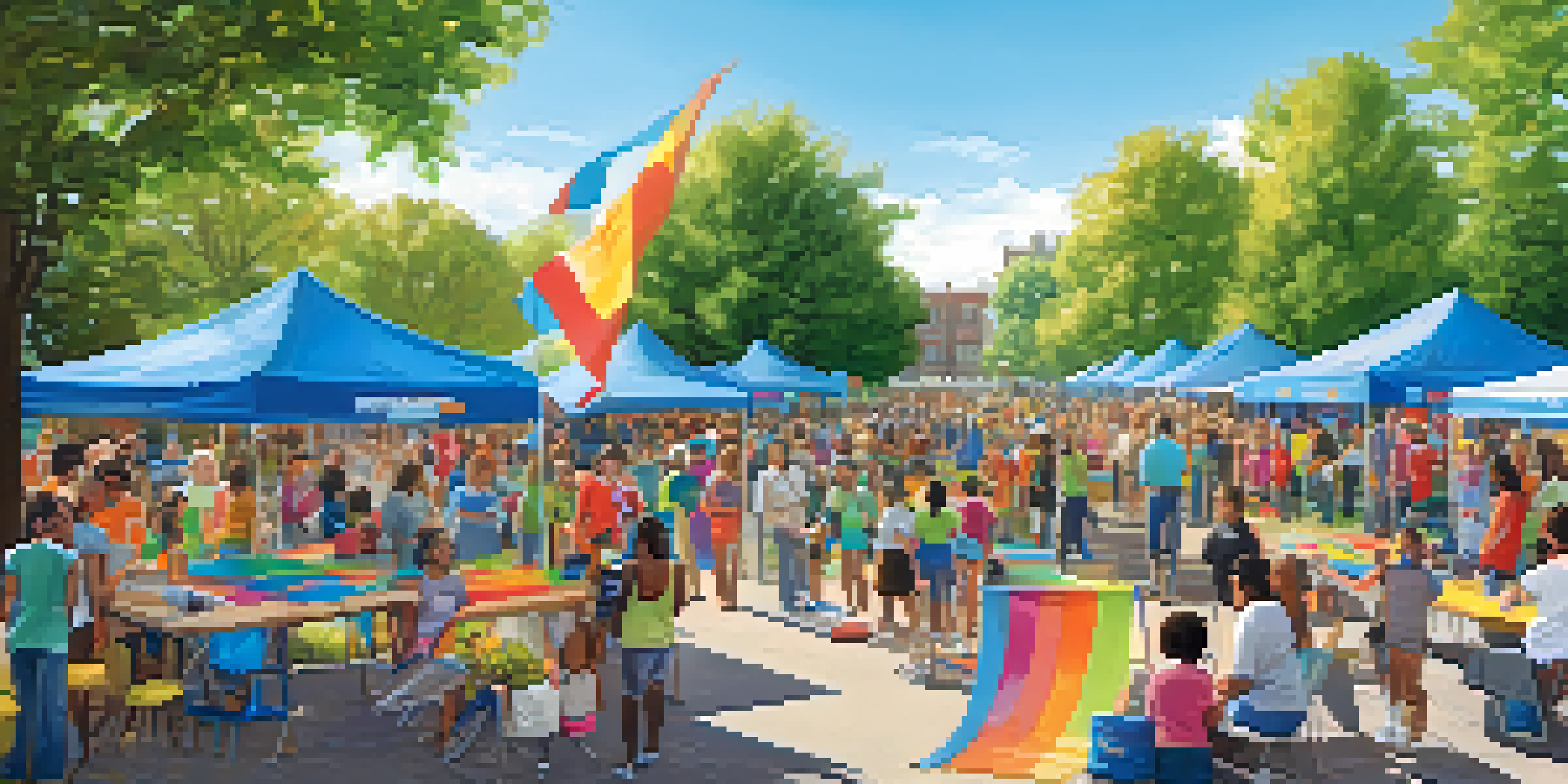 A lively community event with diverse participants engaging in activities, surrounded by colorful banners and tables in a sunny park.