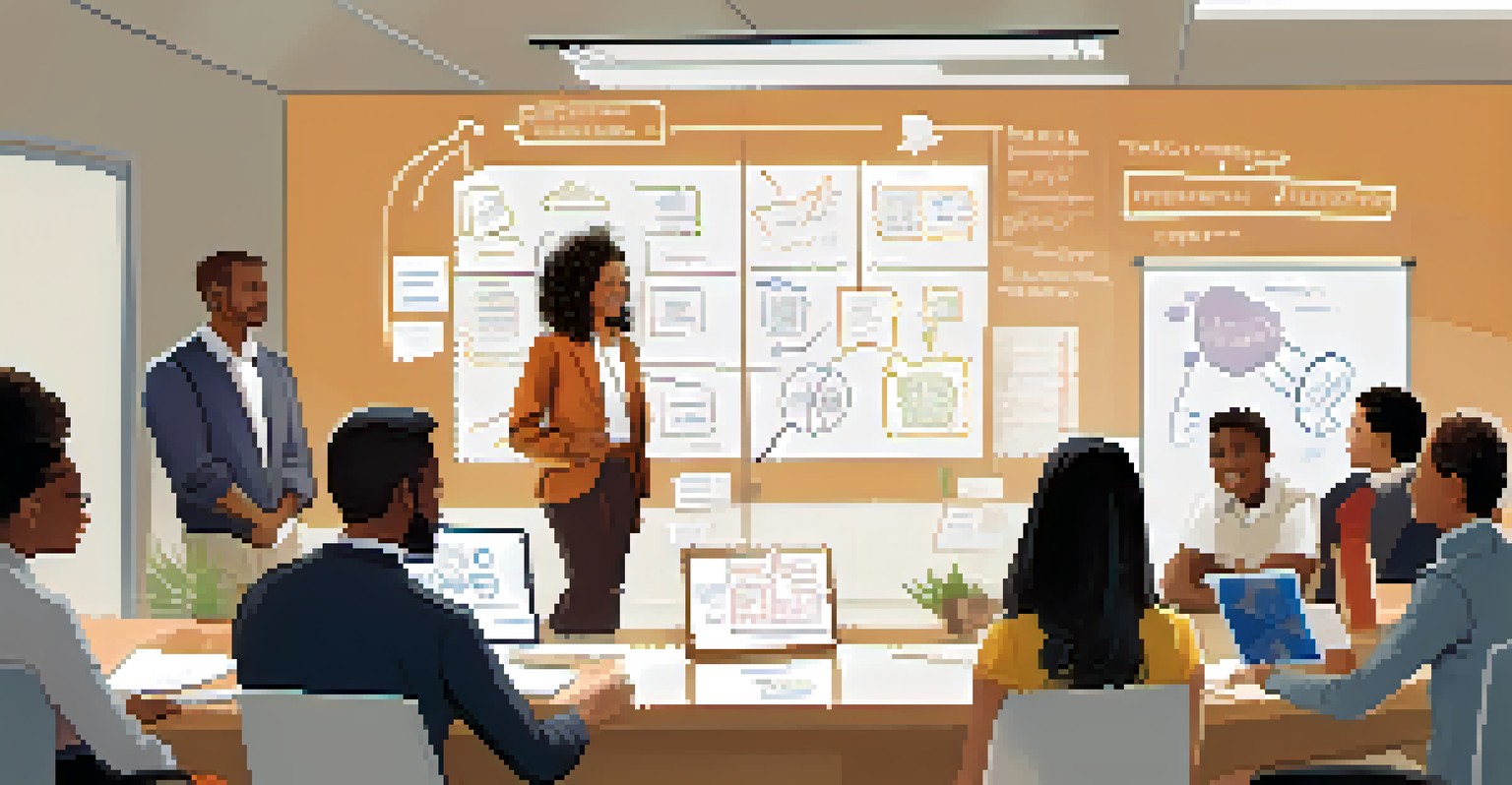 A leader motivating a diverse team in a well-lit room, standing by a whiteboard filled with brainstorming notes and diagrams.