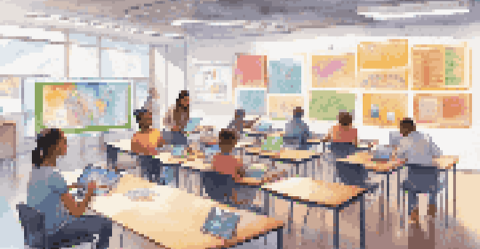 A vibrant classroom scene showing students of various backgrounds using digital devices, with a teacher in front analyzing data.