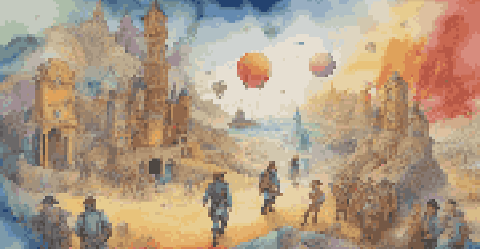 Students exploring a colorful, surreal landscape representing a time-travel game for history education, interacting with historical landmarks and virtual quests.