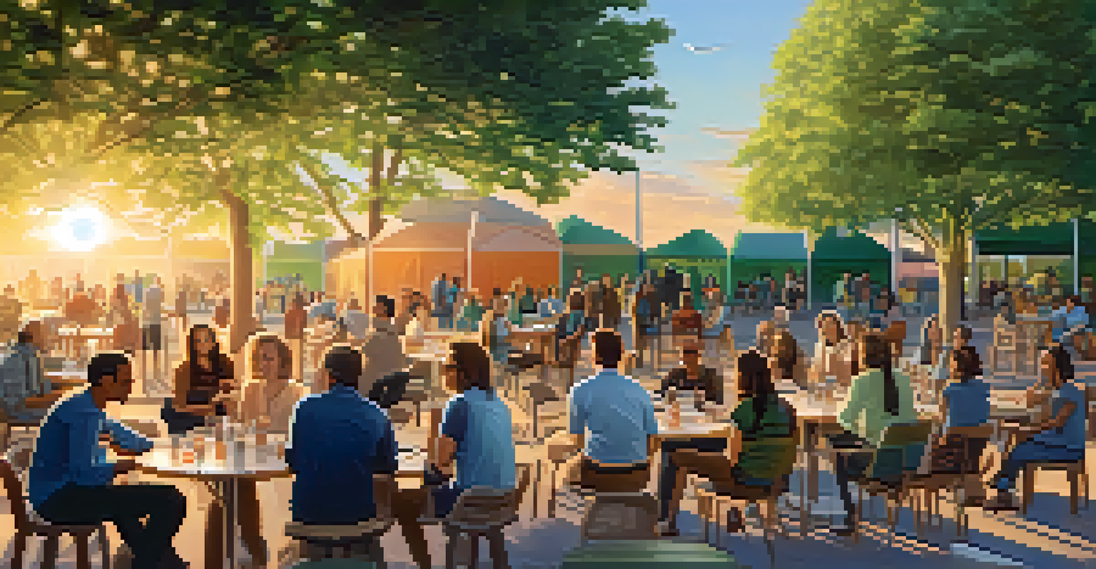 A community gathering in a park where people discuss climate change solutions, surrounded by project displays and warm sunset lighting.