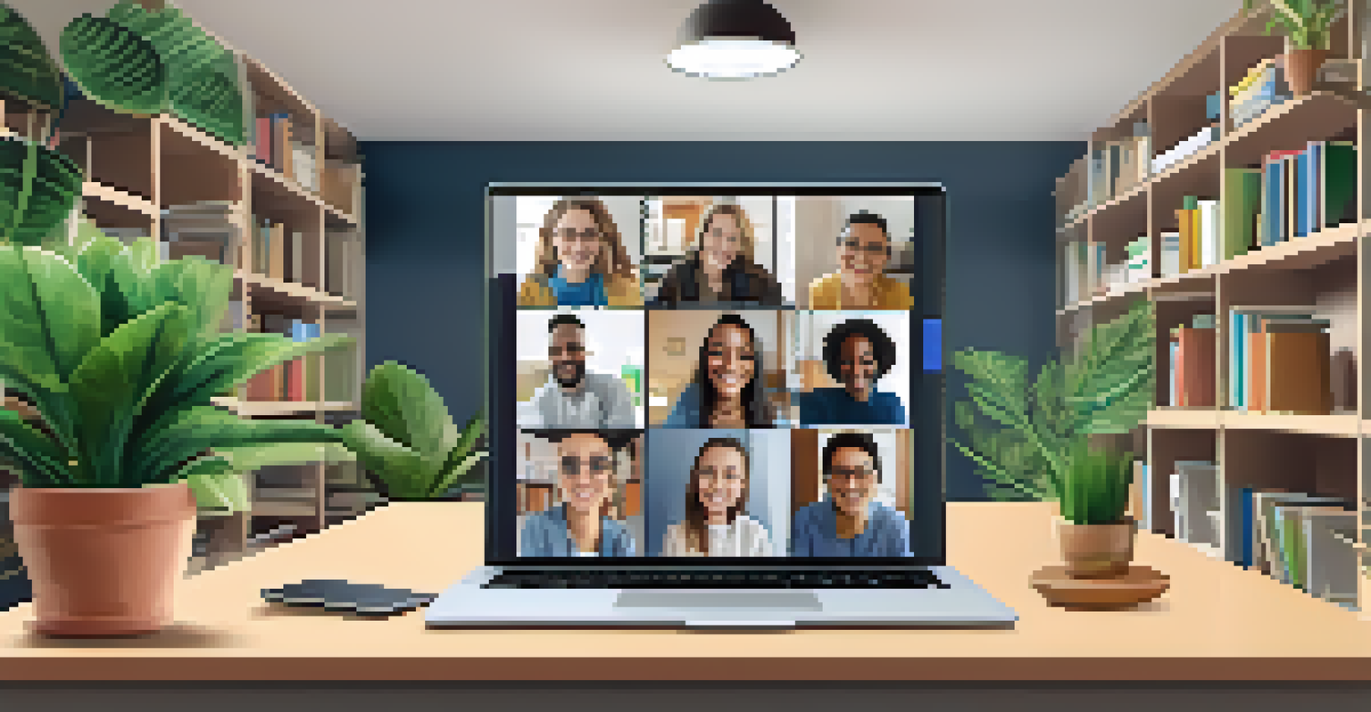 Students participating in a virtual meeting on a video call, with a cozy home study area in the background.