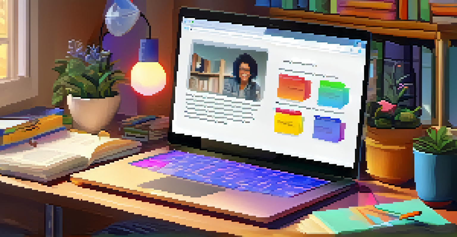 A computer screen displaying an online learning forum with colorful messages, surrounded by books and a coffee mug.