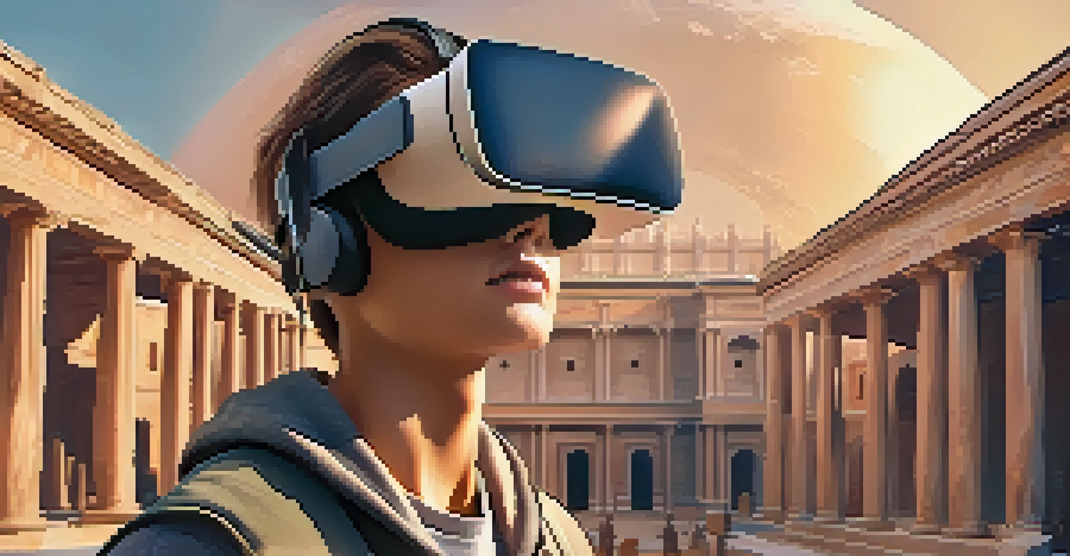 A student wearing a virtual reality headset, exploring a digitally created ancient civilization with awe.