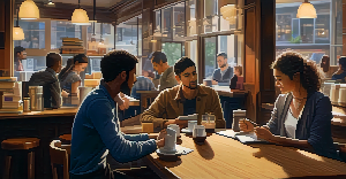 A cozy coffee shop with people engaged in conversation, showcasing active listening and language learning.