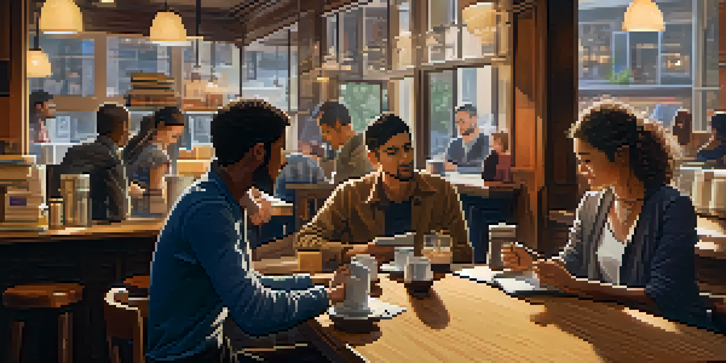A cozy coffee shop with people engaged in conversation, showcasing active listening and language learning.