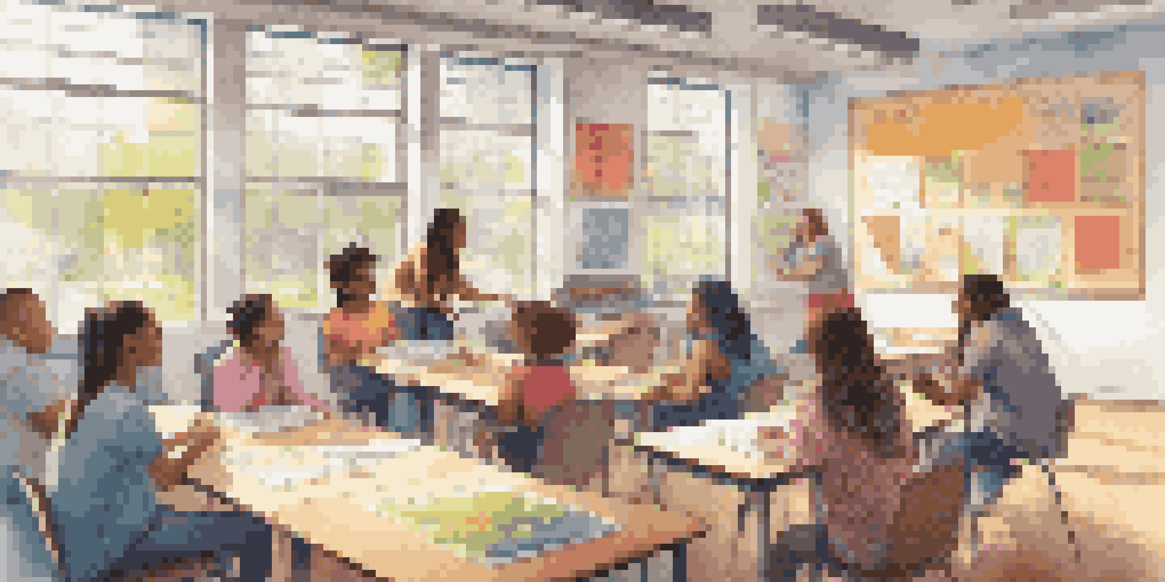 A diverse group of students collaborating on a project in a bright classroom, with one student presenting on a whiteboard.