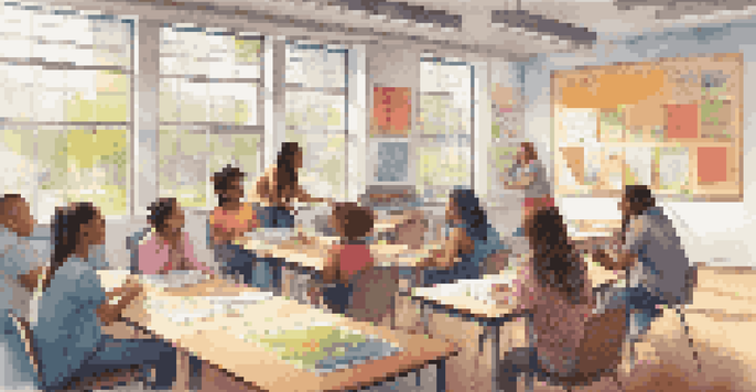 A diverse group of students collaborating on a project in a bright classroom, with one student presenting on a whiteboard.