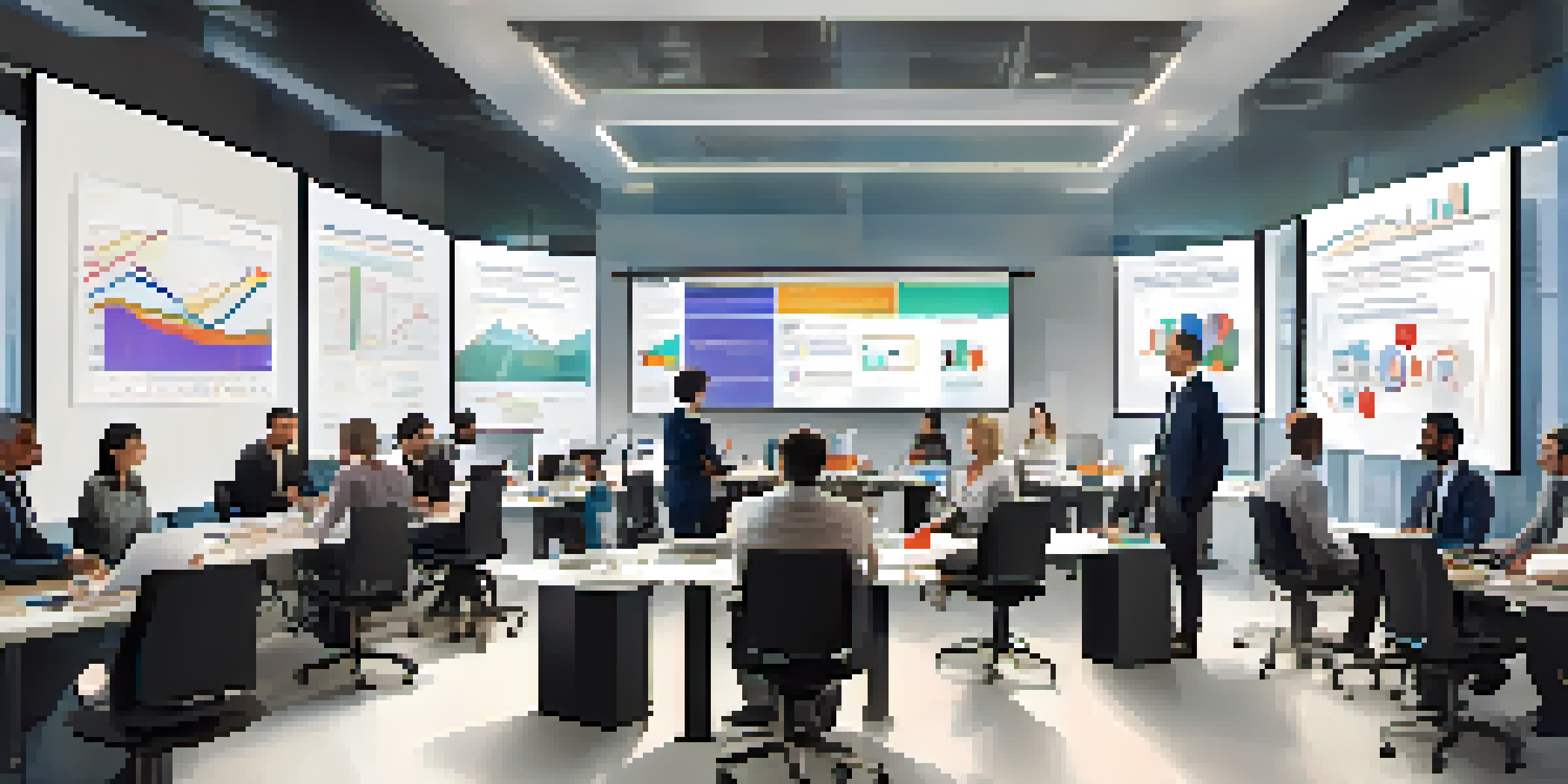 A group of diverse professionals in an office participating in a microlearning session about risk management, with a large screen displaying a video.