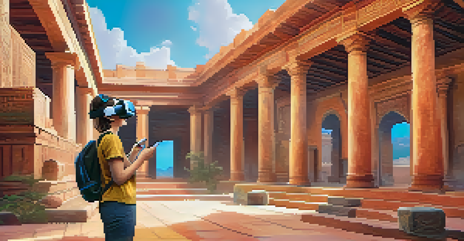 A student immersed in a virtual reality experience exploring an ancient city, surrounded by educational materials.