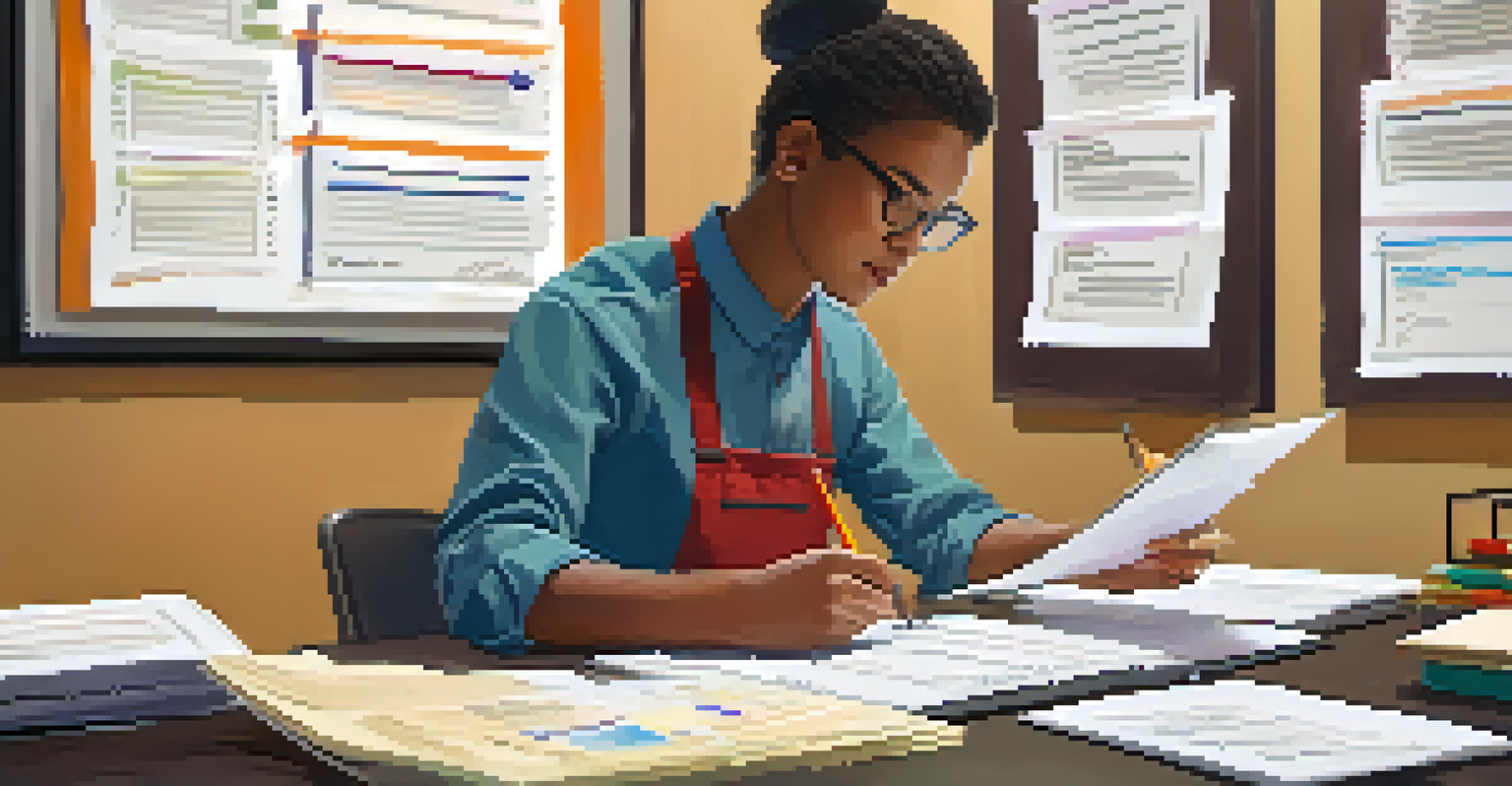 An instructor grading papers and using a tablet, with a background of a calendar and educational tools.