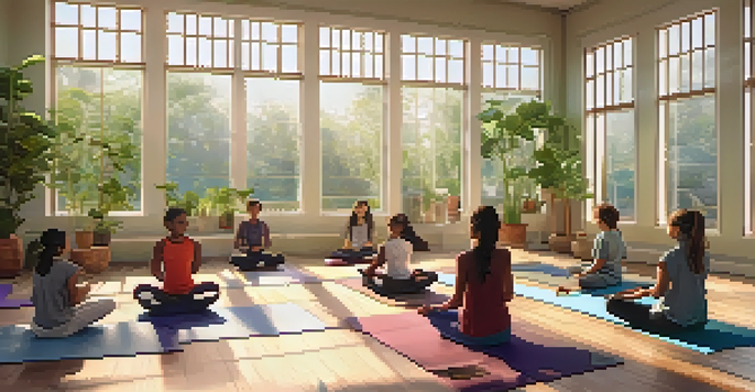 A bright and peaceful classroom where students are meditating on yoga mats, guided by a teacher, surrounded by plants and inspiring artwork.