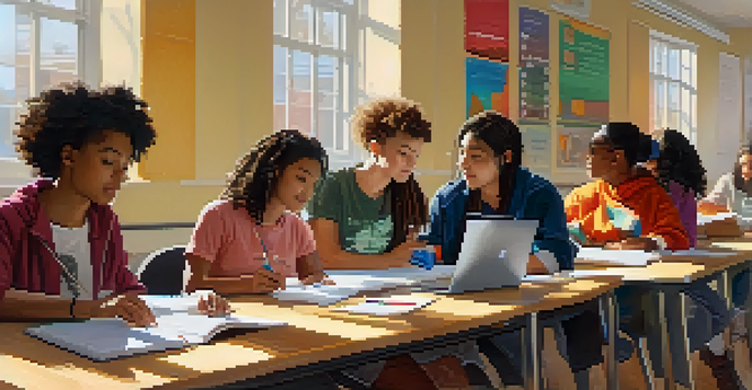 A diverse group of students collaborating at a large table in a bright classroom, working on a project with laptops and notebooks.