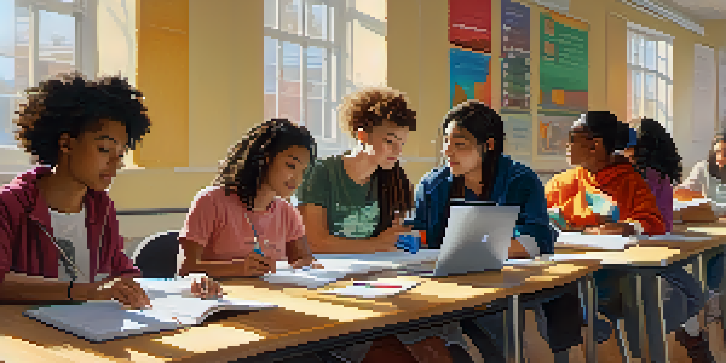 A diverse group of students collaborating at a large table in a bright classroom, working on a project with laptops and notebooks.