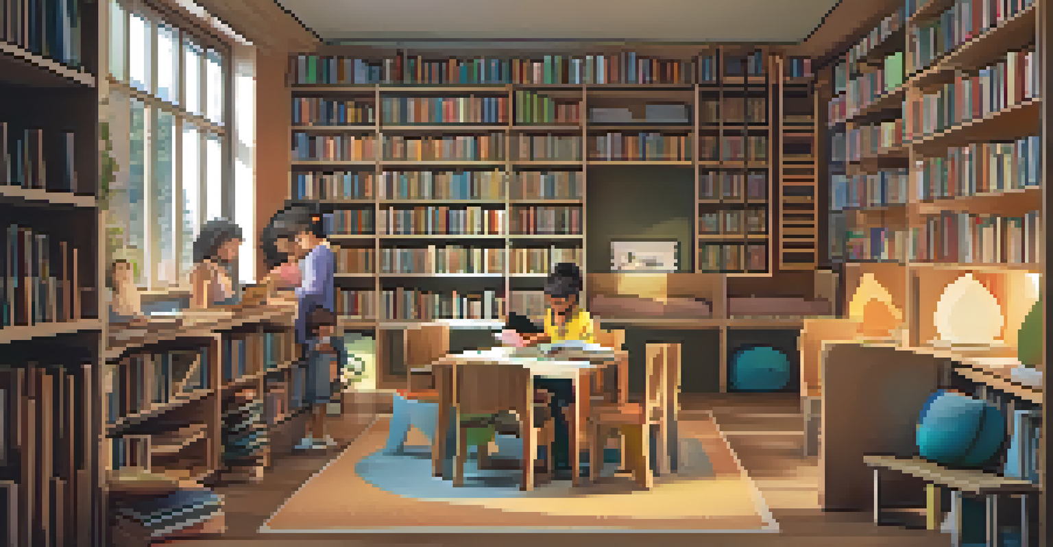 A cozy reading nook filled with books and cushions, with children engaged in art projects.