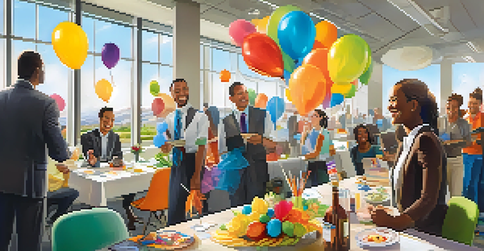 A diverse group of employees celebrating a recognition event in a colorful office setting with decorations and a banner.
