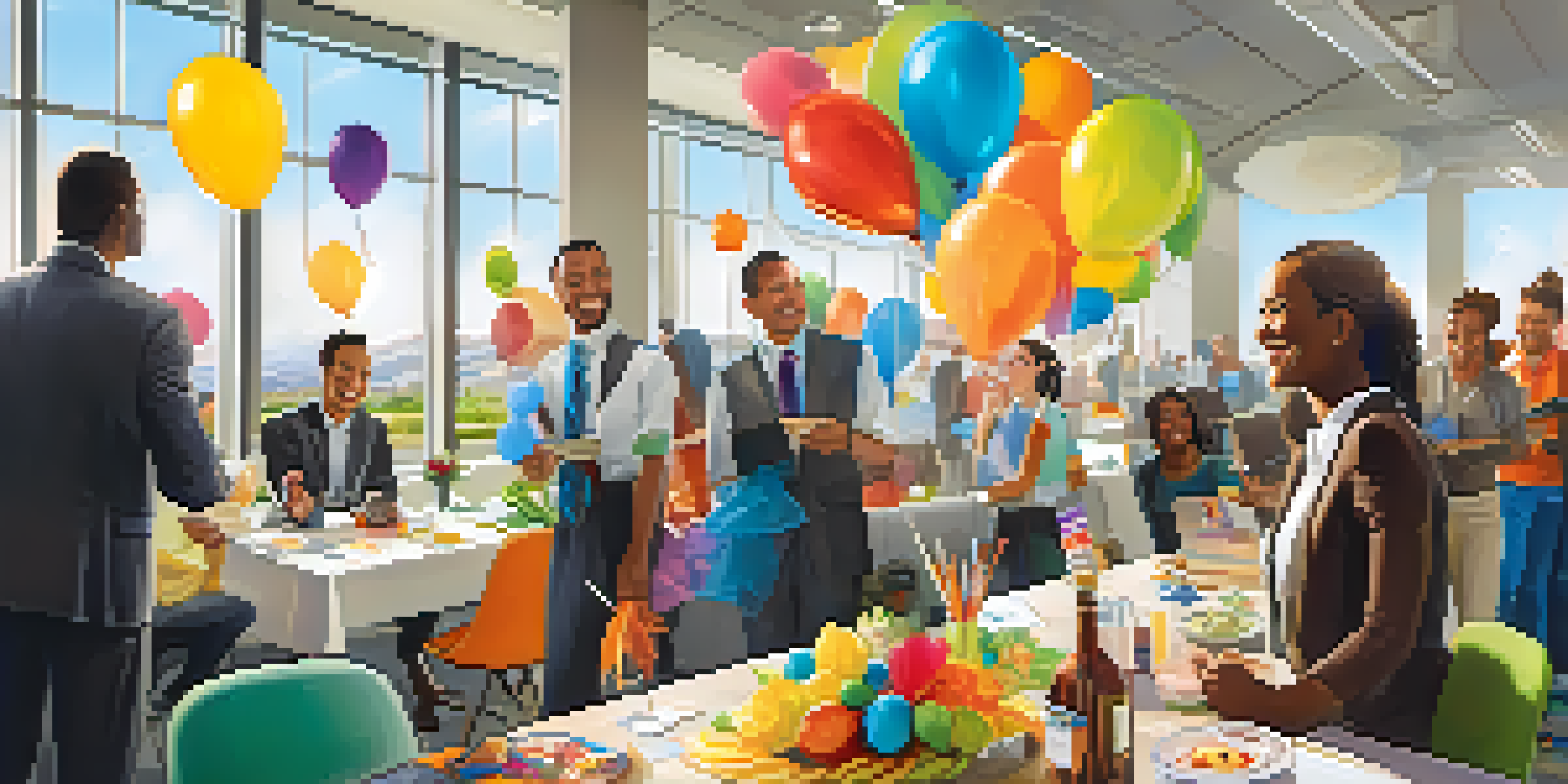 A diverse group of employees celebrating a recognition event in a colorful office setting with decorations and a banner.