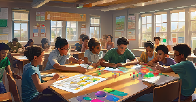A diverse group of students collaborating in a classroom, engaging with an interactive game on a large screen, surrounded by educational materials.