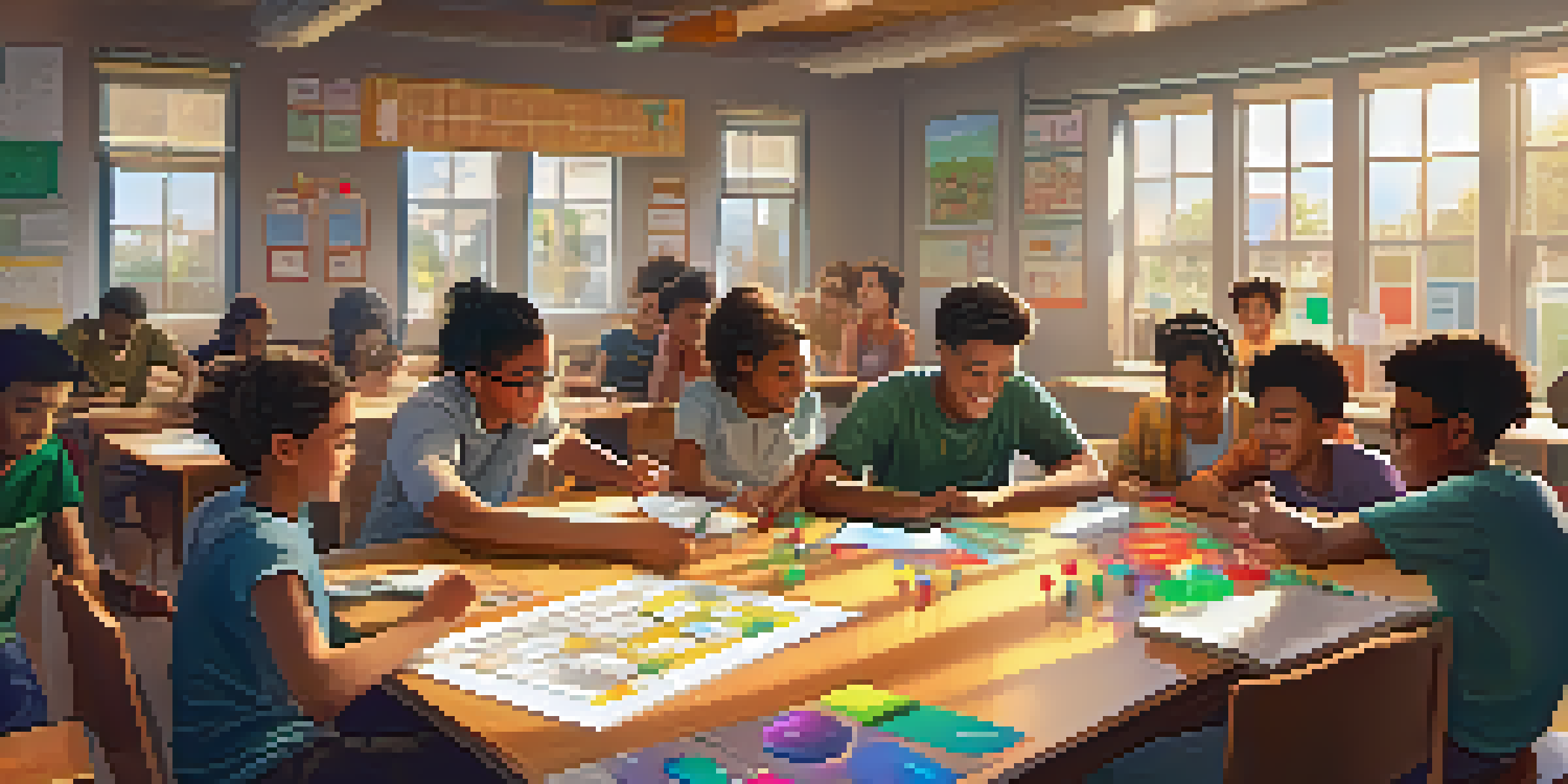 A diverse group of students collaborating in a classroom, engaging with an interactive game on a large screen, surrounded by educational materials.