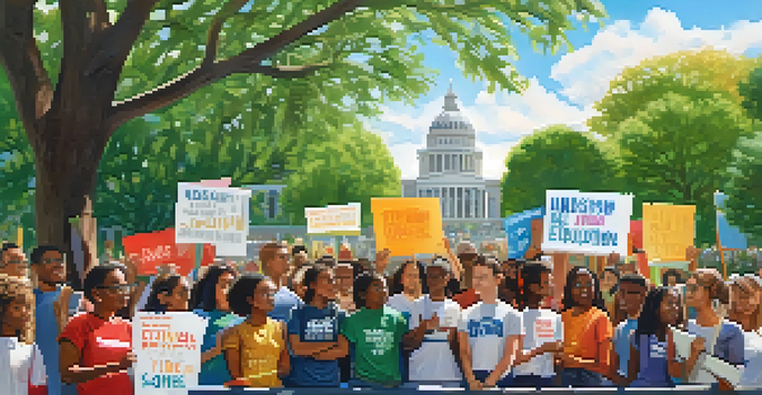 A diverse group of young activists in a park, holding colorful banners for educational reform, with a university building in the background.